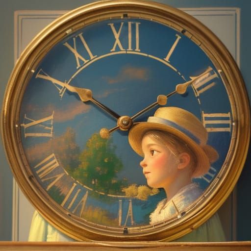 Children Playing Under Clock in Impressionist Style