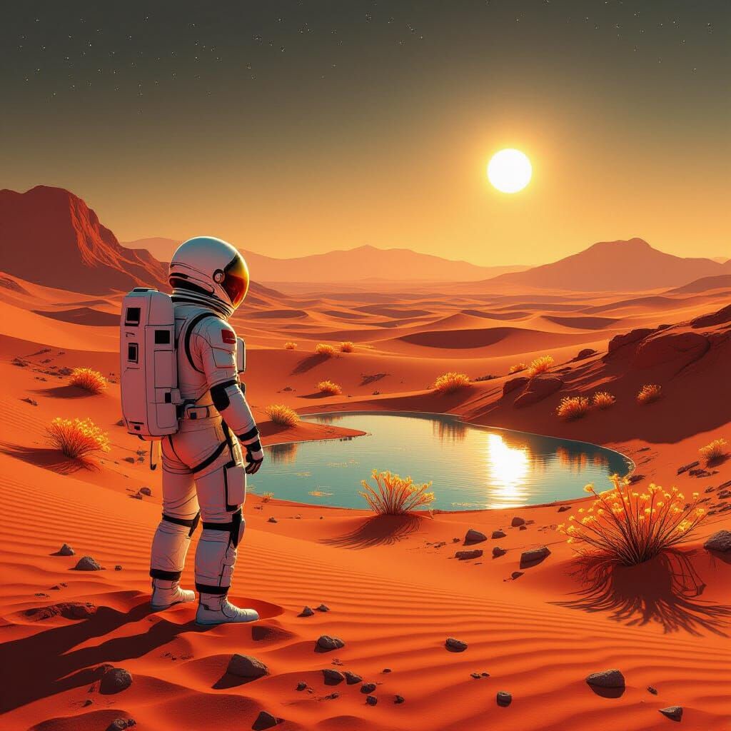 Astronaut Finds Oasis with Glowing Flora on Mars