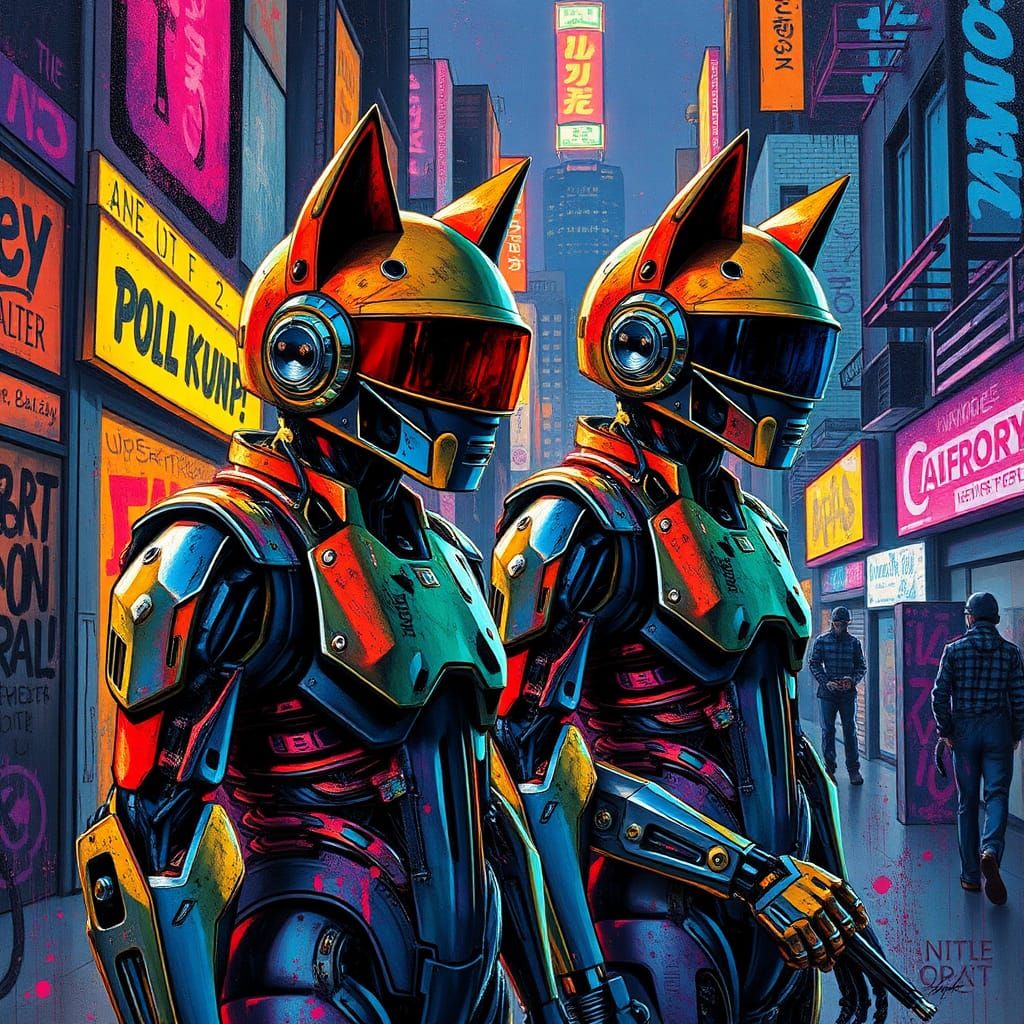 Daft Punk Cats in Neon Cityscape