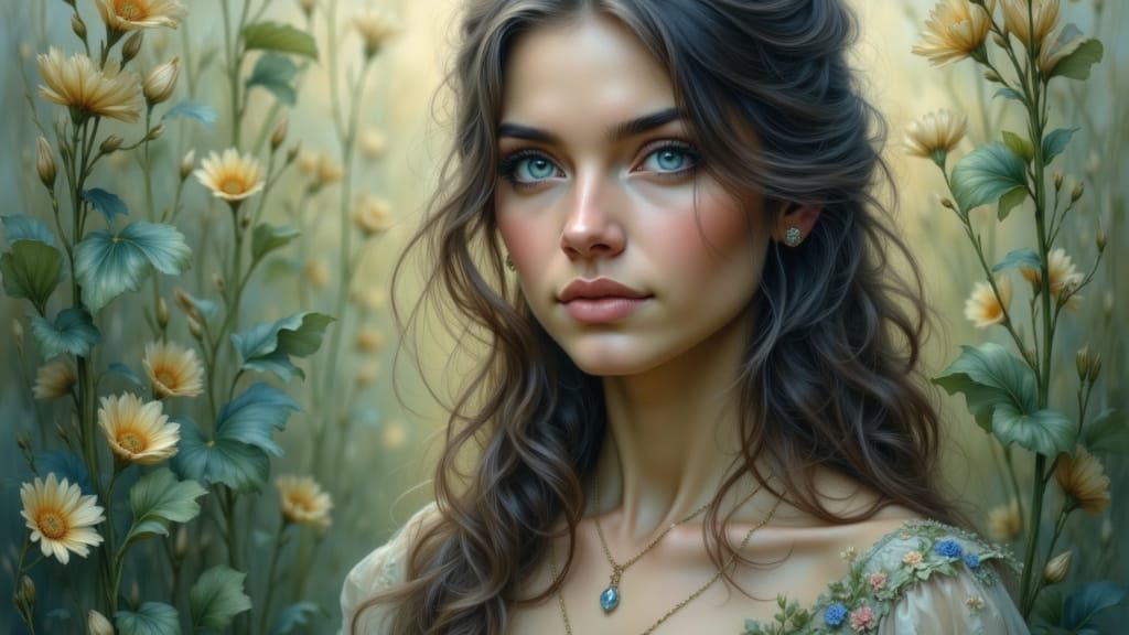 Dreamlike Field with Luminescent Flora and Mirror Reflection