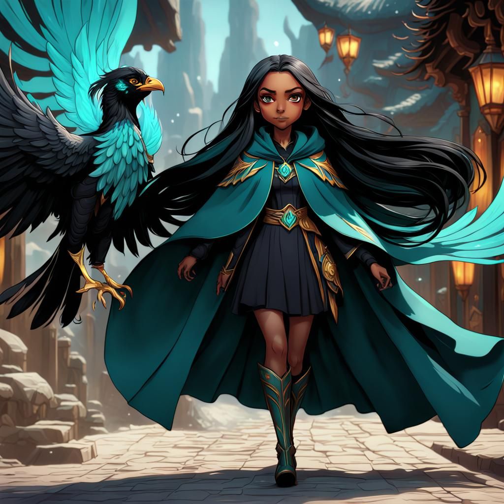 Teenage Girl with Phoenix in Fantasy Art Style
