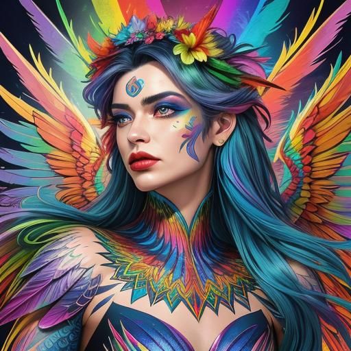 Rainbow Dragon Woman Portrait in Comic Book Art