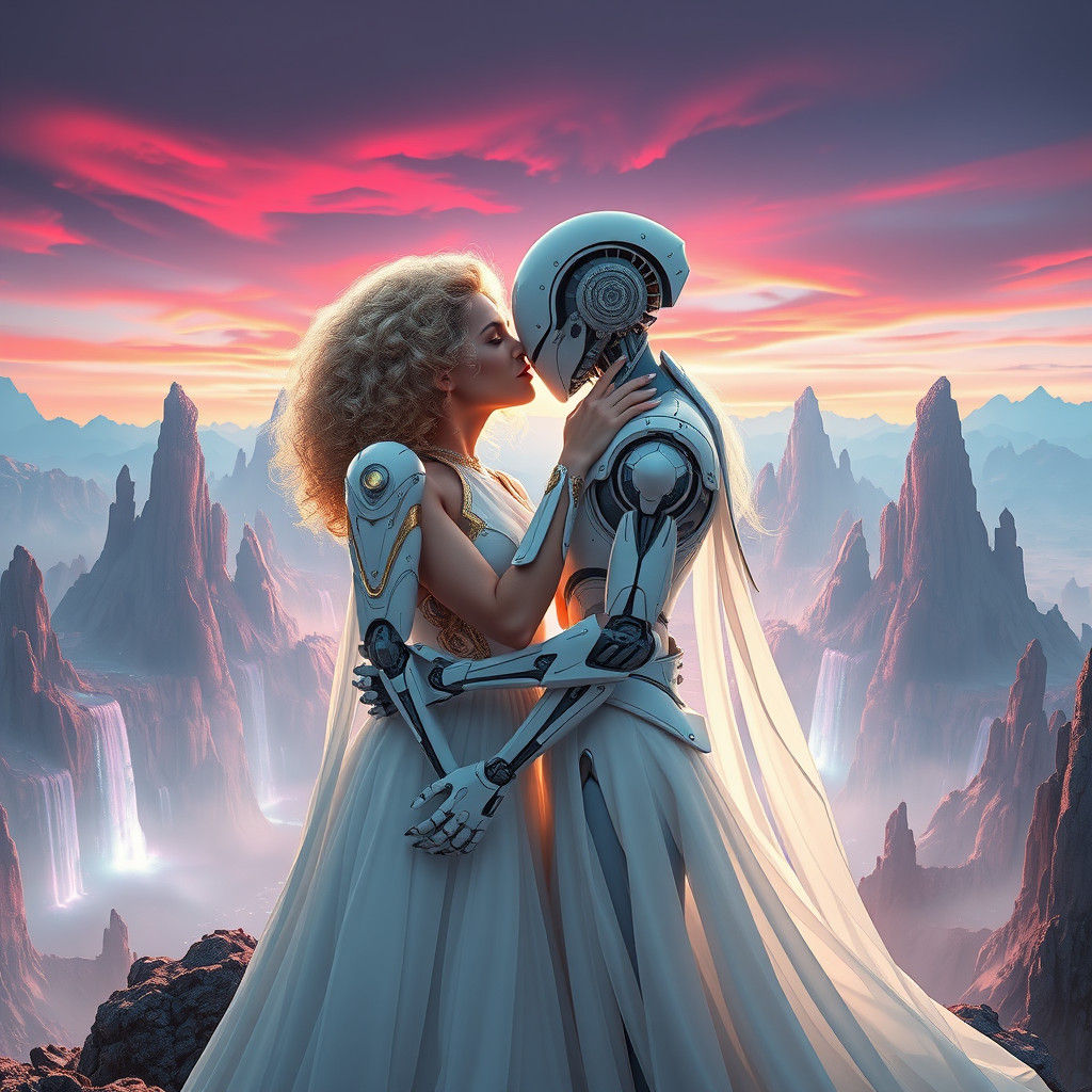 Woman Embraces Robot in Surreal Landscape