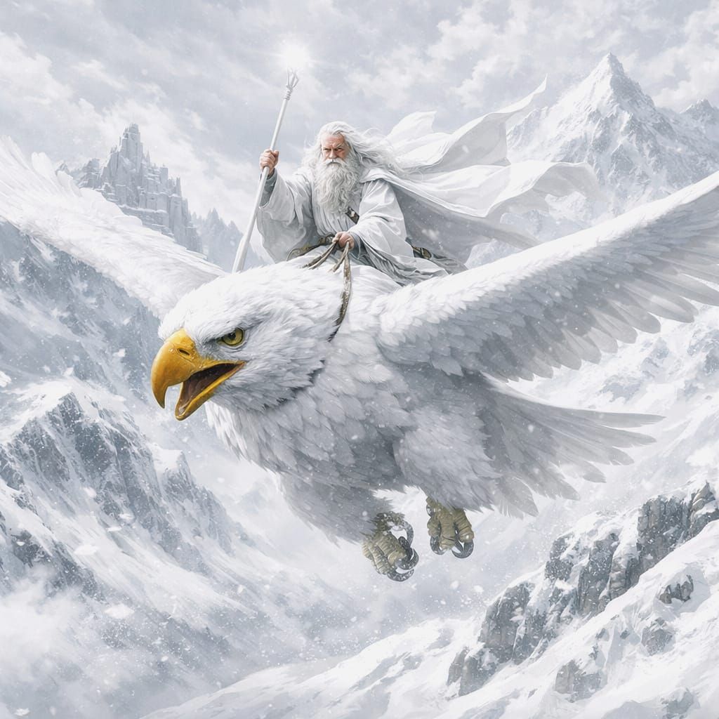 Gandalf Rides Majestic Eagle Over Snowy Peaks