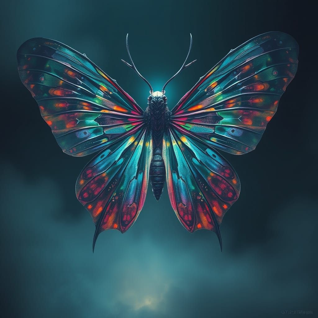 Surreal, Alien-like Moth Emerges from Dark, Eerie Atmosphere