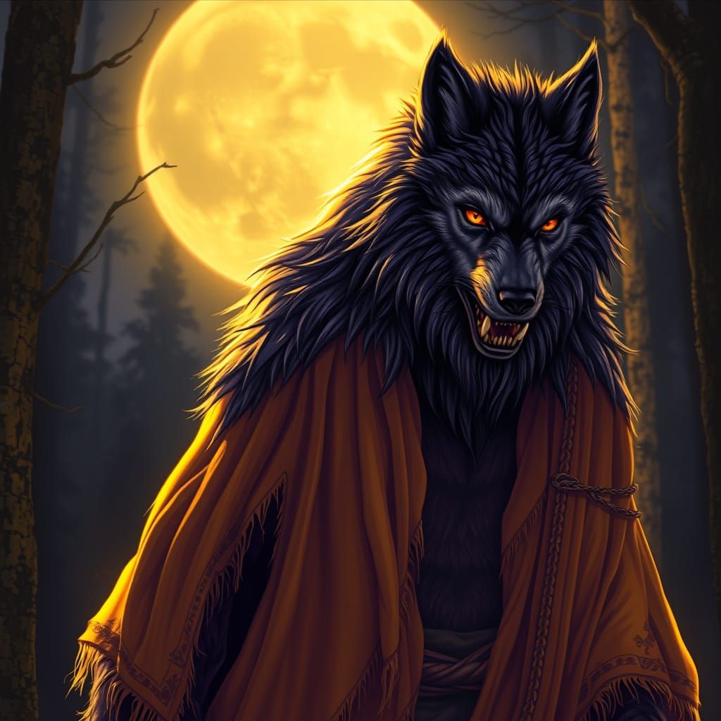 Moonlit Werewolf in Mystical Forest, Hyperdetailed Fantasy