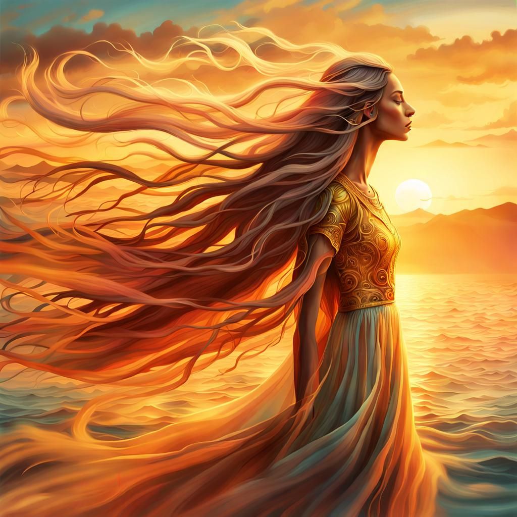 Woman with Flowing Hair at Sunset, Surreal Digital Art
