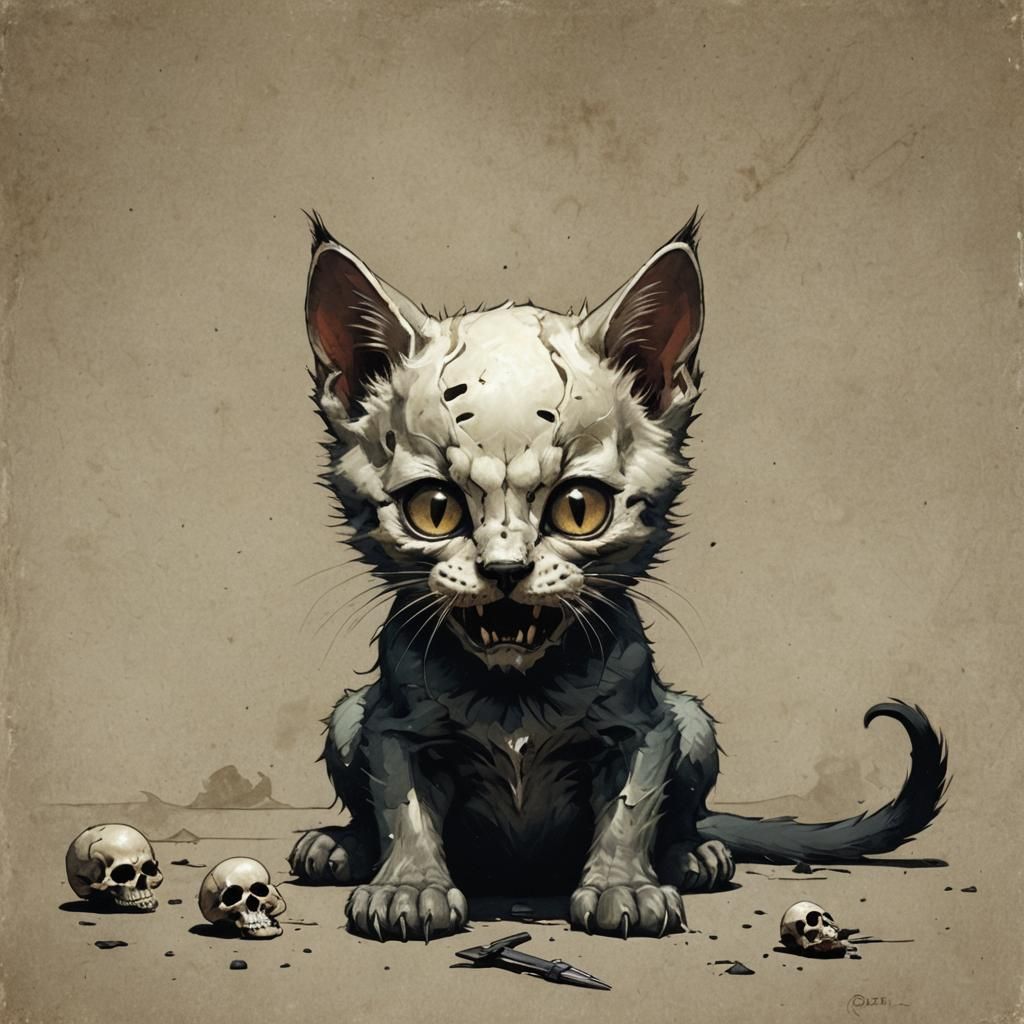 Sinister Kitten with a Skull in Its Mouth
