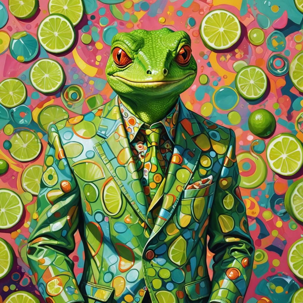Anthropomorphic Gecko with Lime Rickey in Oil Painting Style