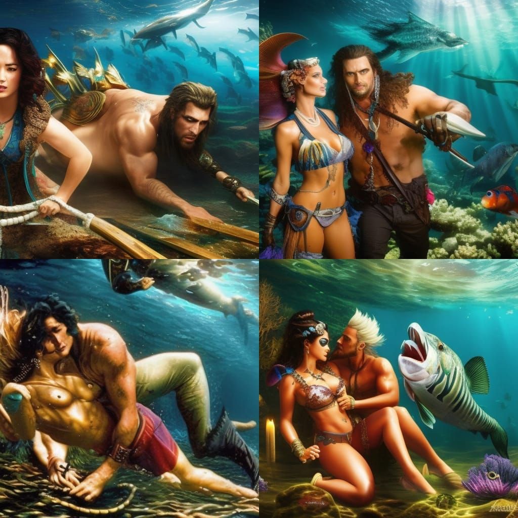 Pirate Dragged Underwater by Mermaid: Photorealistic Image