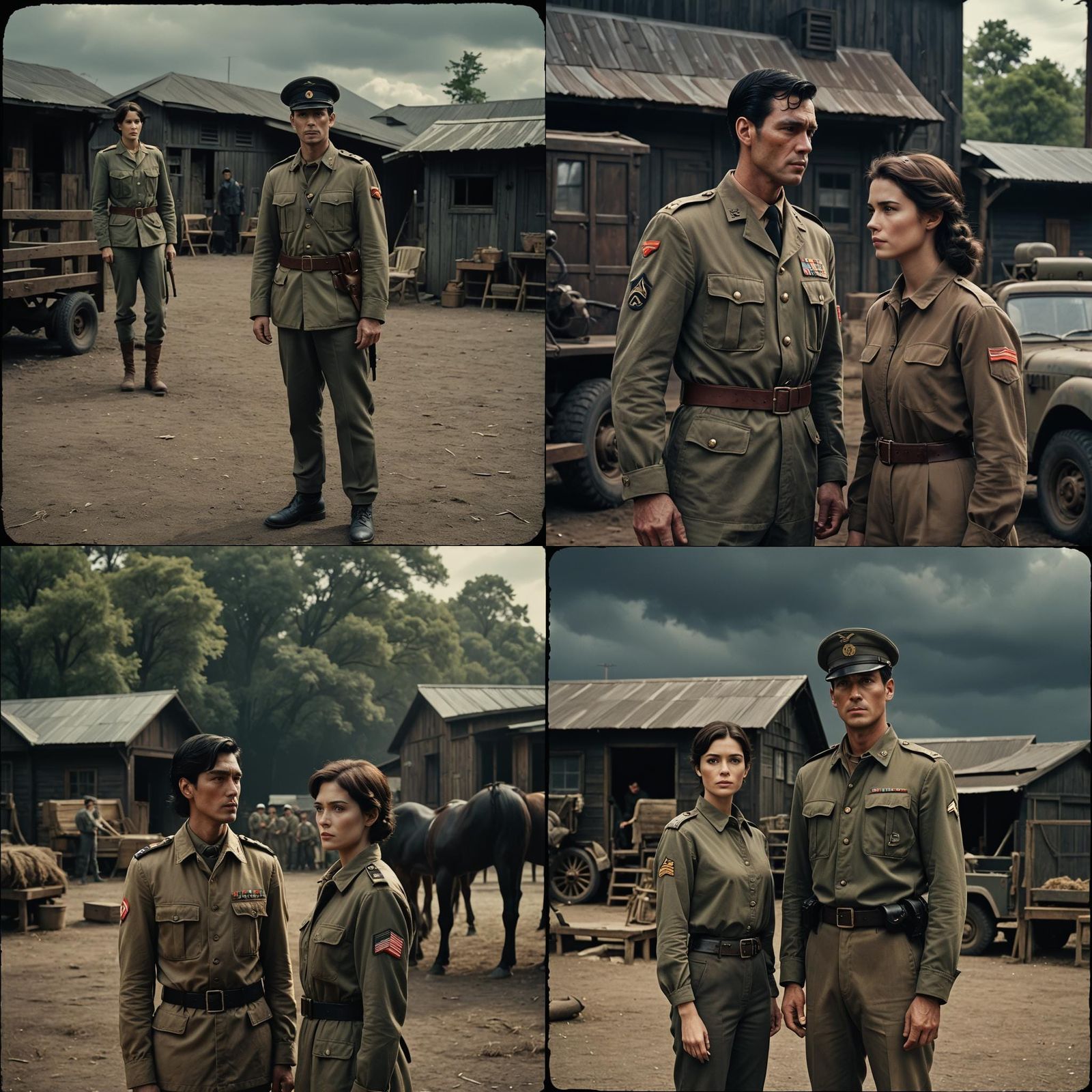 Cinematic Military Scene in Dark Stable