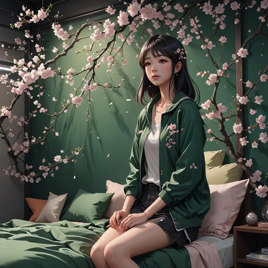 Anime-Style Bedroom with Cherry Blossoms