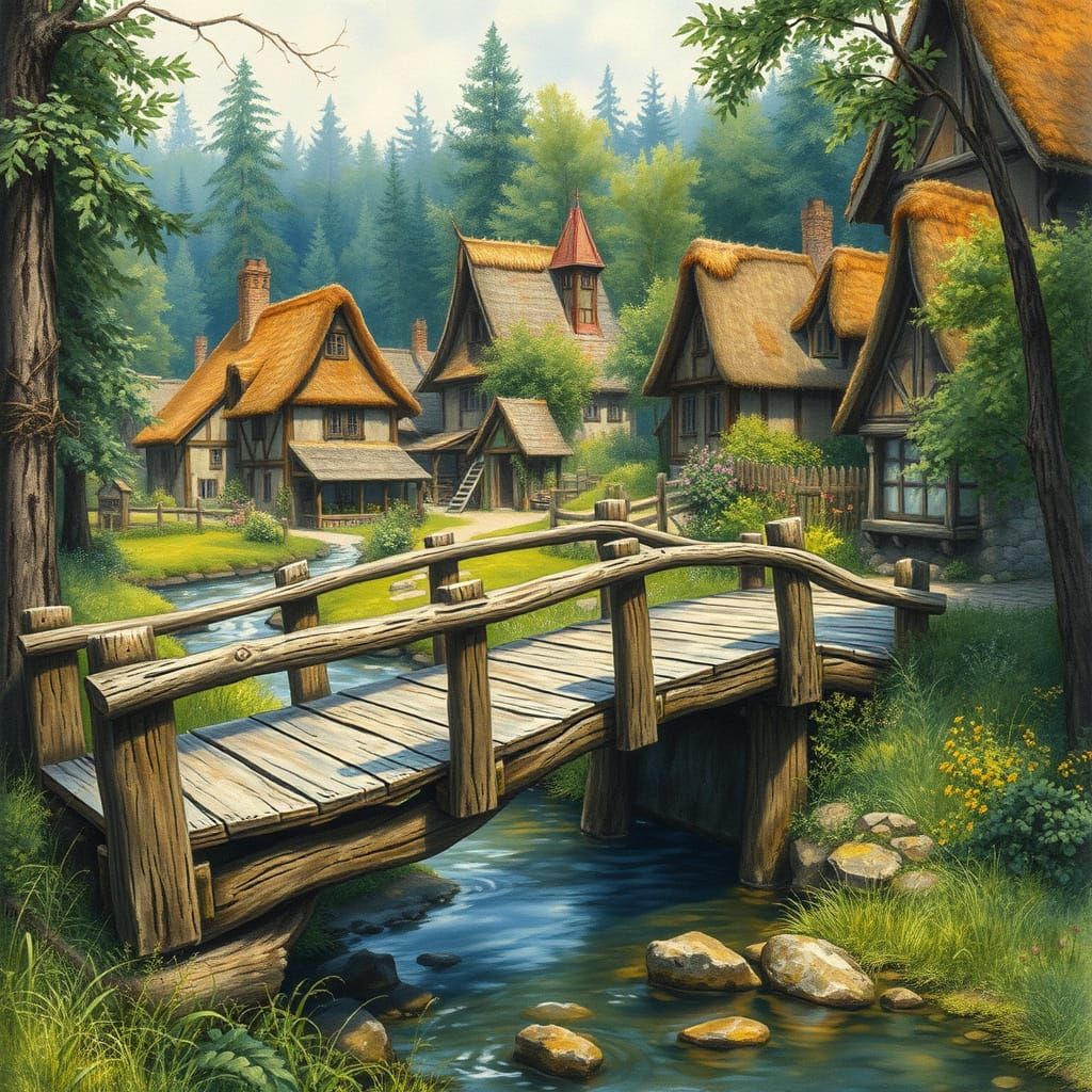 Quaint Village Wooden Bridge in Forest, Realist Style