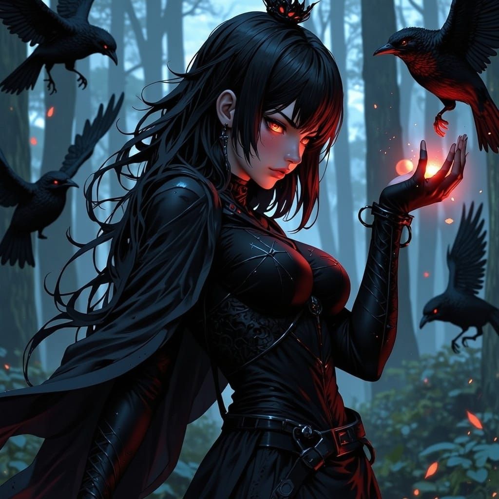 Dark Fantasy Mage Summons Ravens in Anime Style