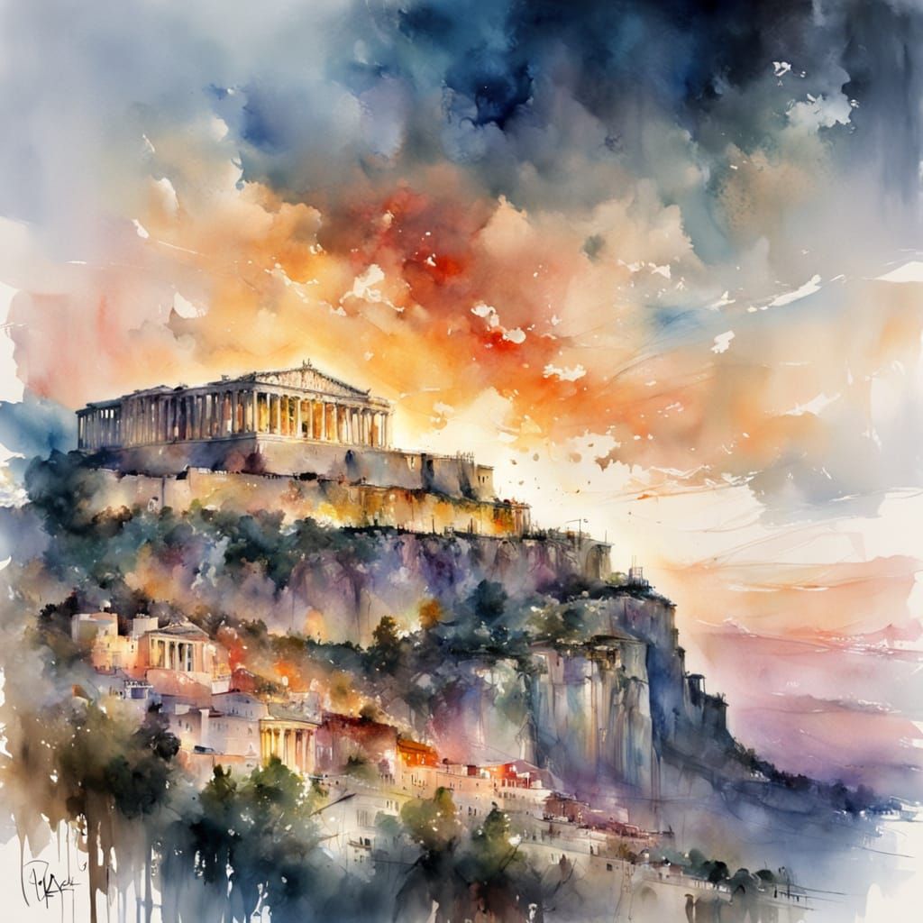 Sunset Over Acropolis Watercolor Painting