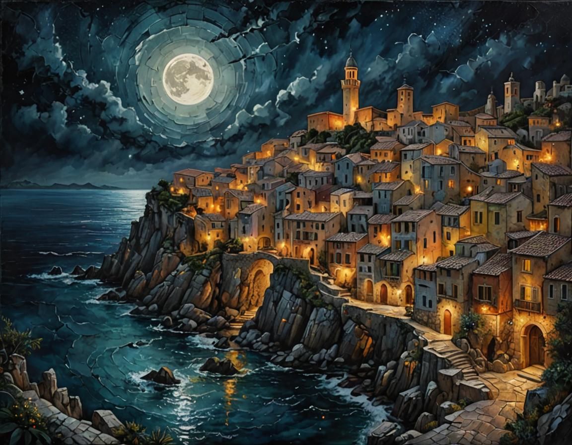 Dragon View of Mediterranean Town in Acrylic