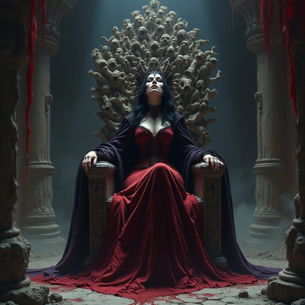 Regal Vampire Queen Reigns in Dark, Gothic Throne Room