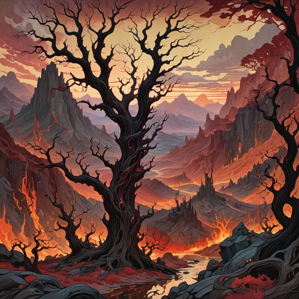 Surreal Underworld Landscape in Art Nouveau Style
