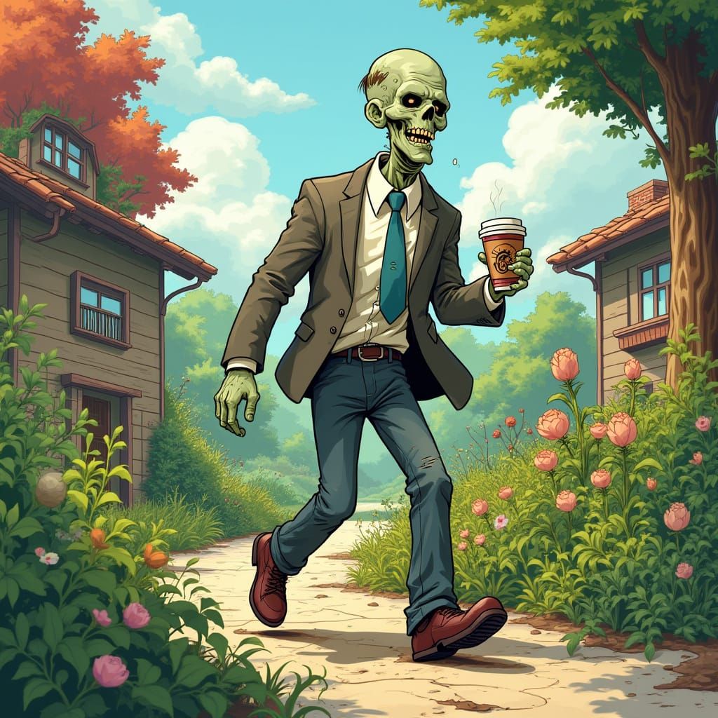 Comical Zombie Office Worker in Vibrant Garden
