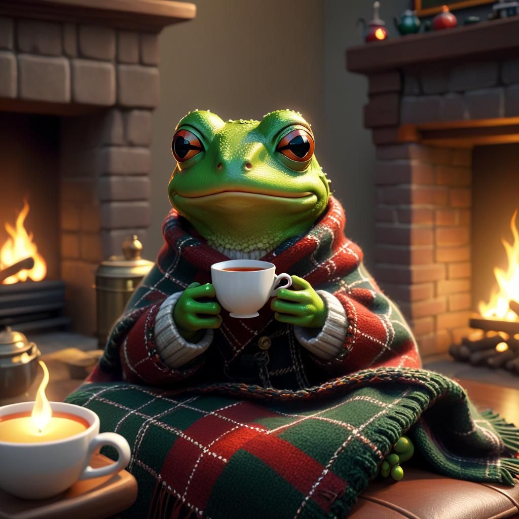 Cozy Frog Pepe Drinks Tea by Fireplace: 3D Render