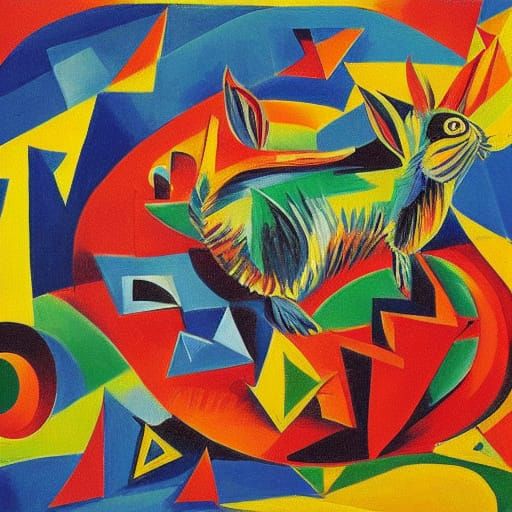 Surreal Rabbit Leaps in Hellish Landscape: Cubist Art