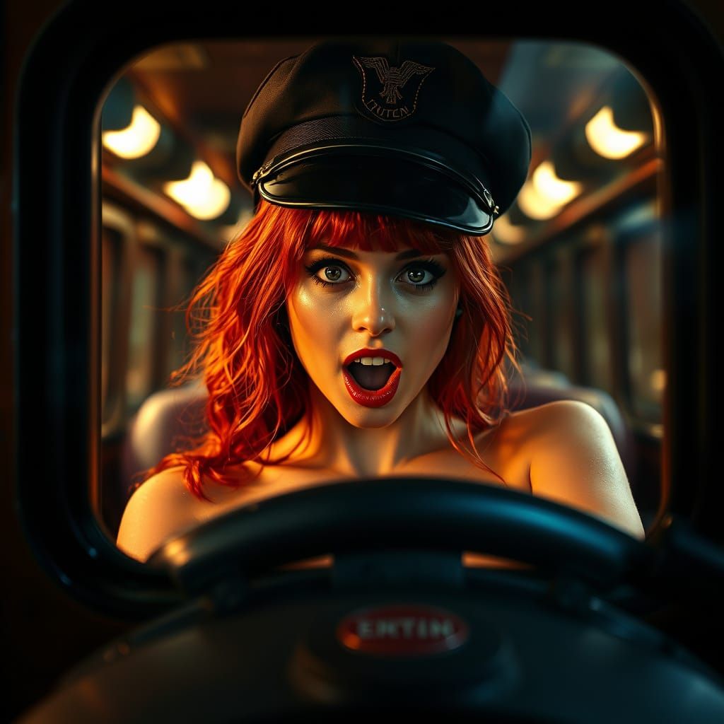 Sultry 1970s-Style Pin-Up Girl Drives Locomotive in Hyperrea...