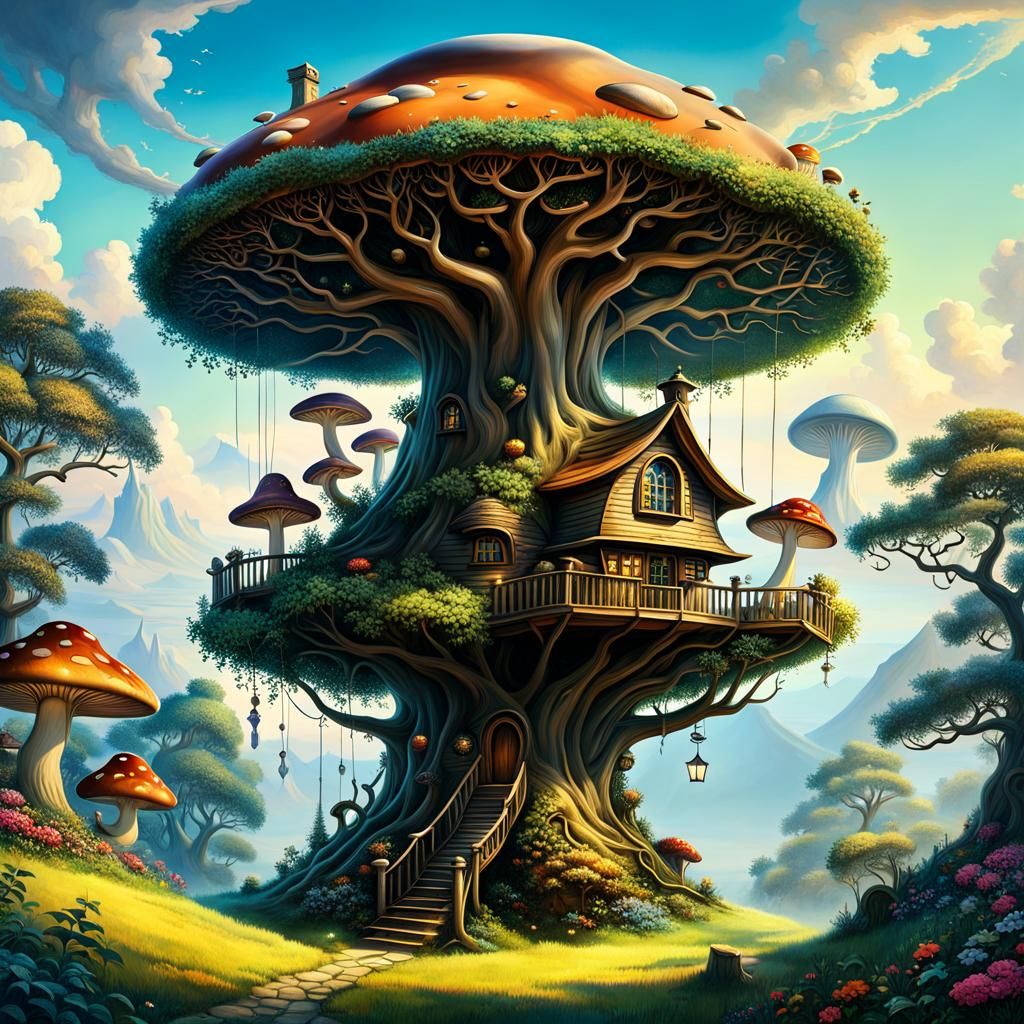 Surreal Alien Treehouse Flying High Above Ground