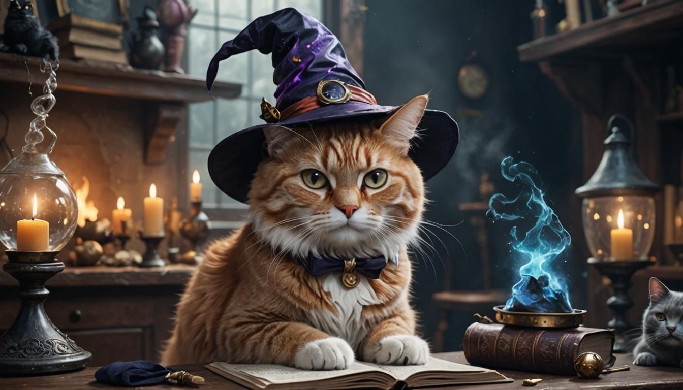 Magical Cat in Witch Hat Working