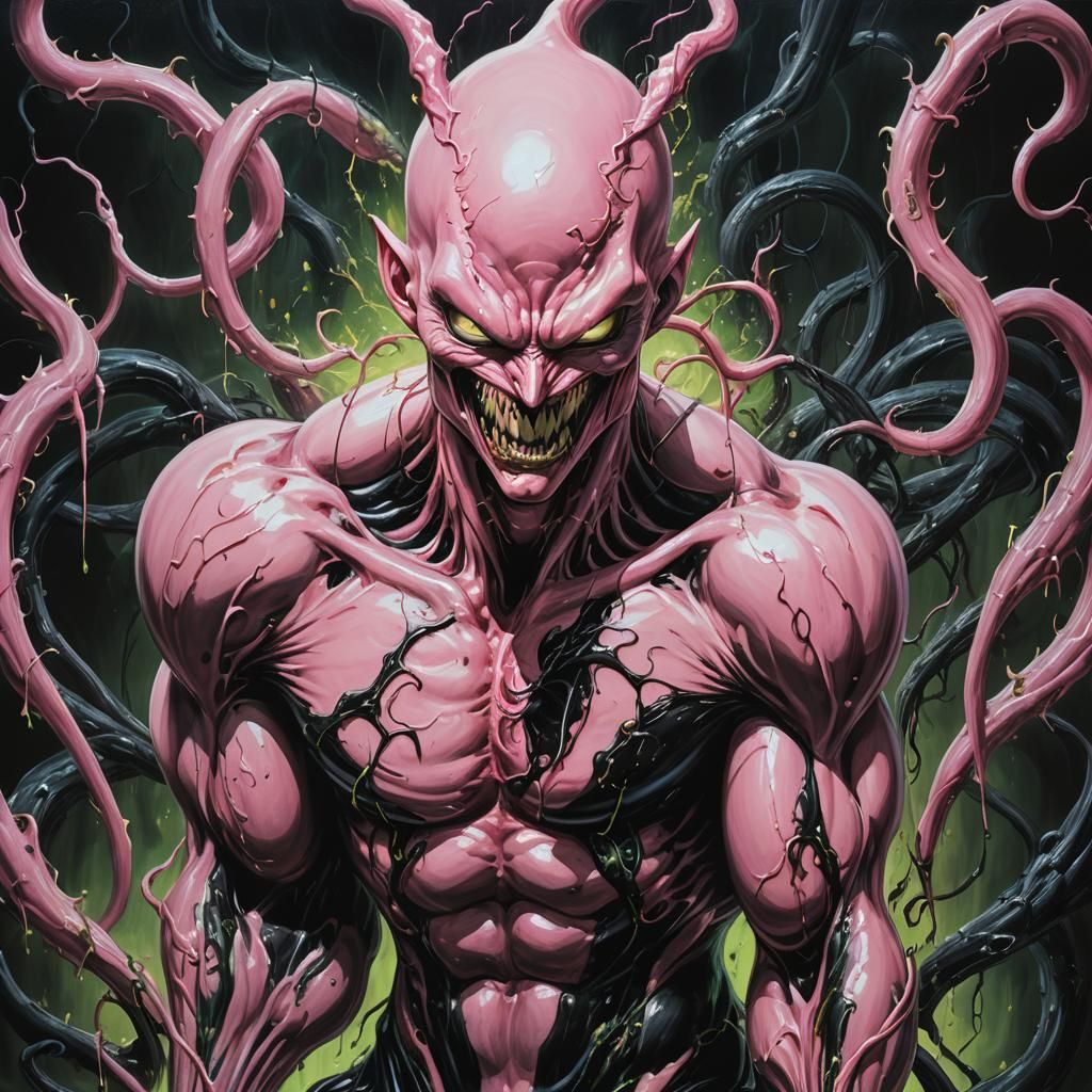 Majin Buu and Venom Symbiote in Surreal Oil Painting