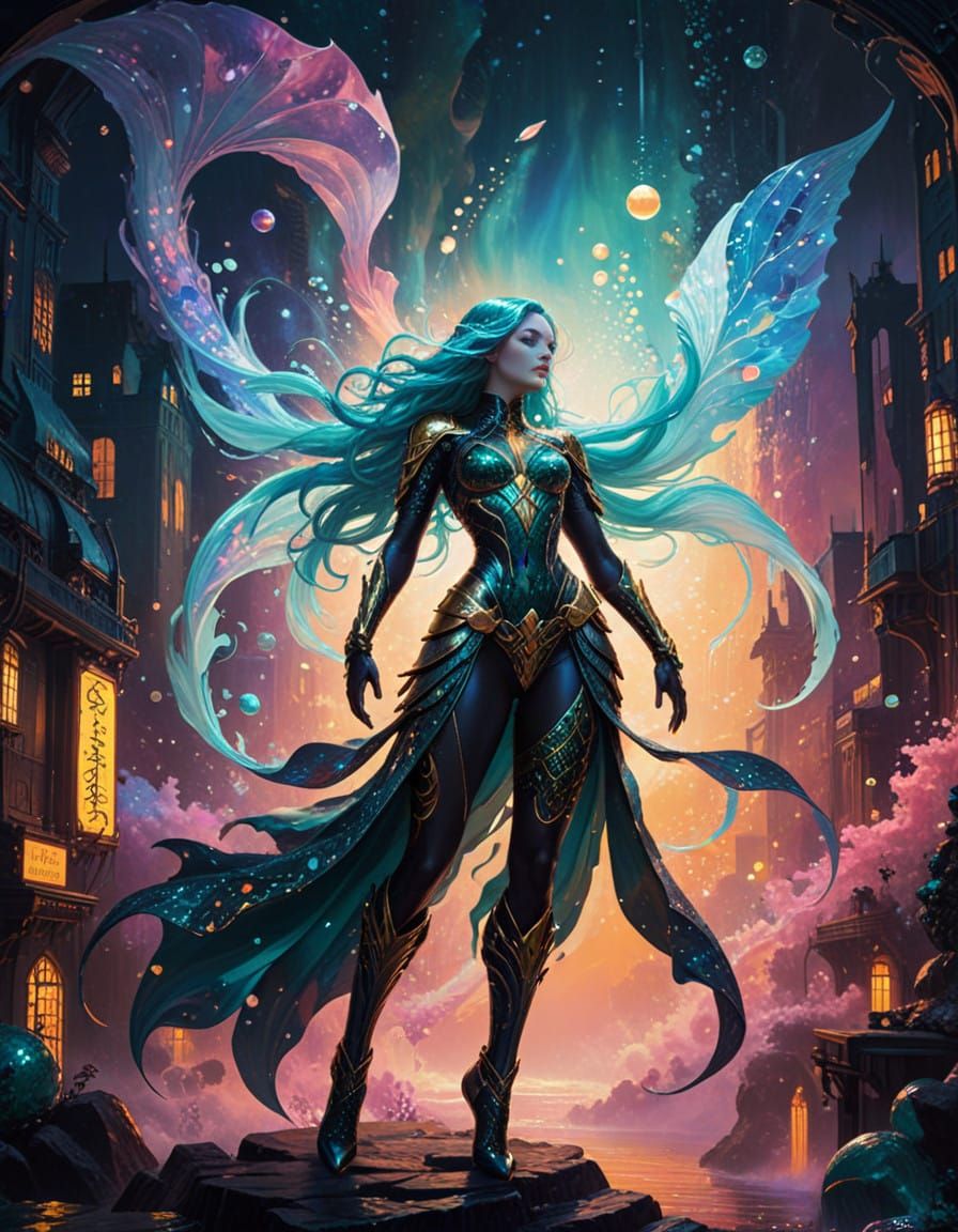 Ethereal Mermaid Warrior in Art Nouveau Sci-Fi Splendor