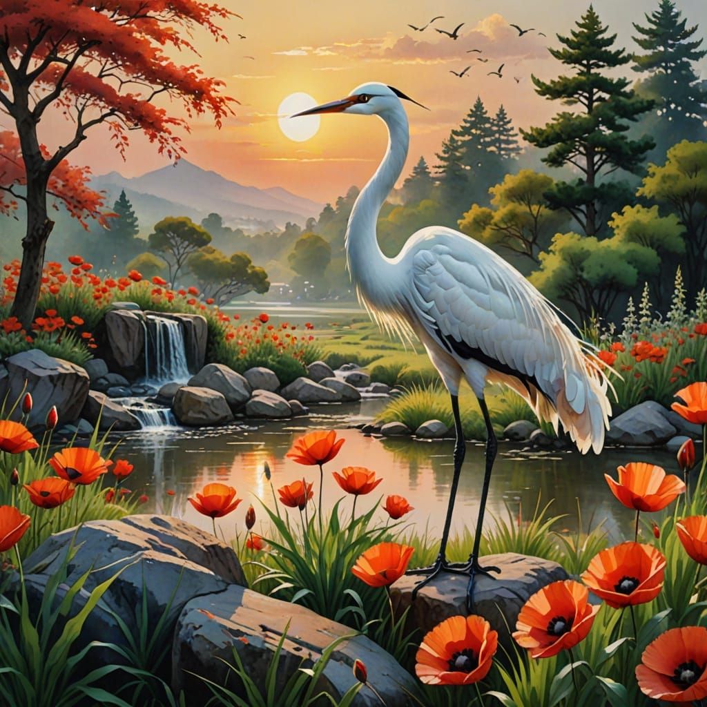 Serene Japanese Landscape With White Crane and Red Sun