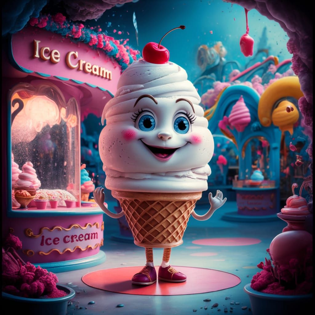 Charming Vanilla Ice Cream Cone Character in Dreamy Ice Crea...
