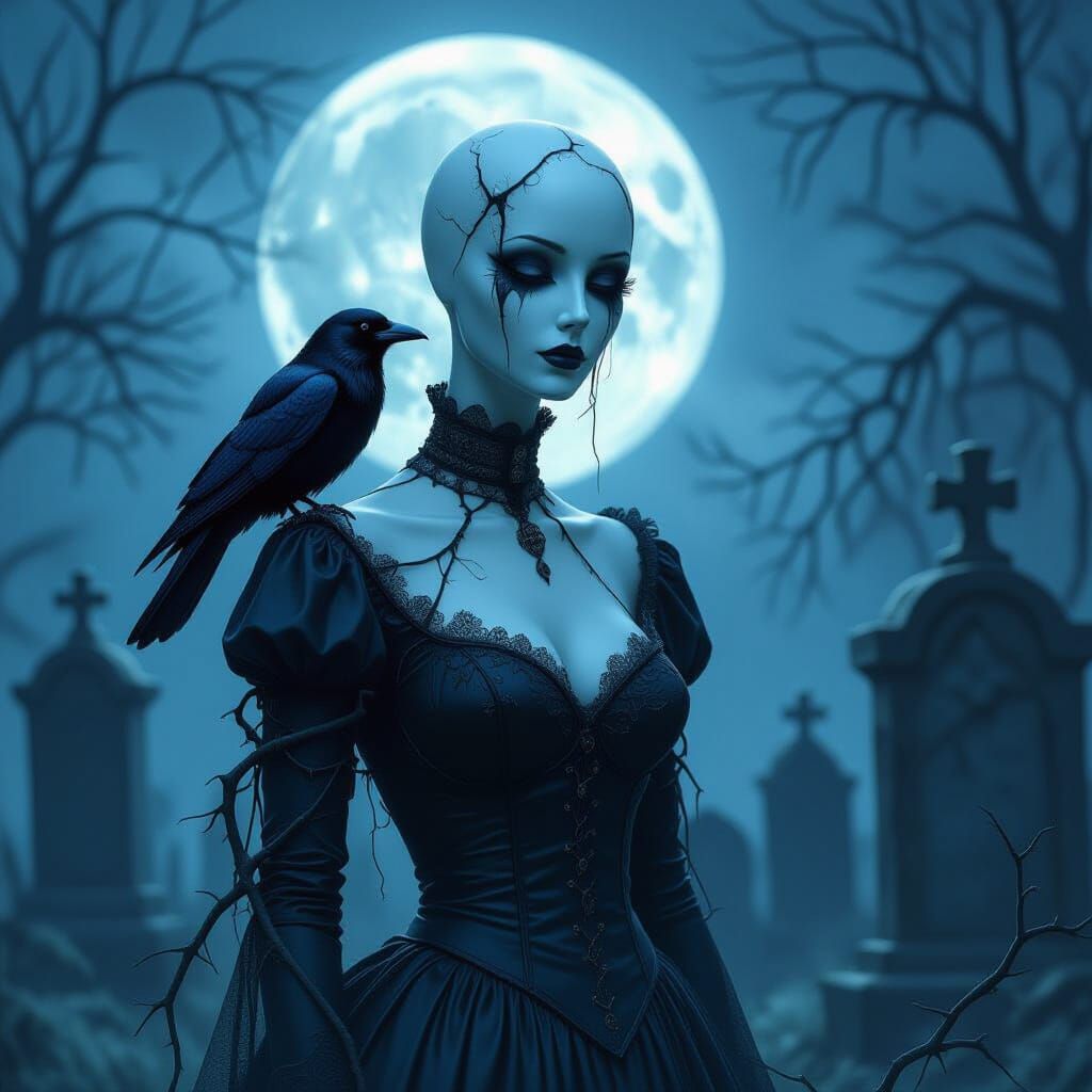 Haunting Mannequin in Moonlit Graveyard Digital Painting
