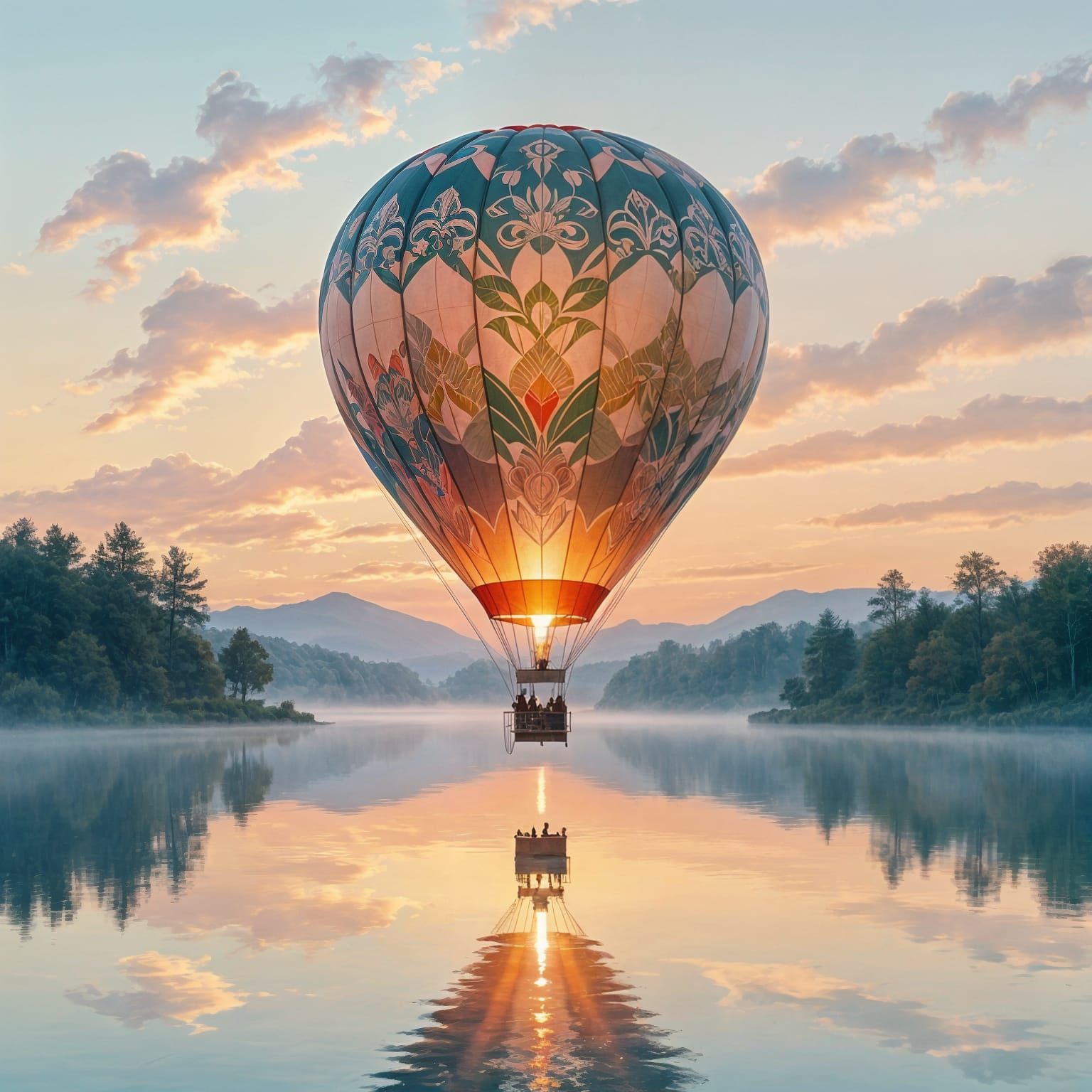 Art Deco Hot Air Balloon Over Misty Lake at Dawn