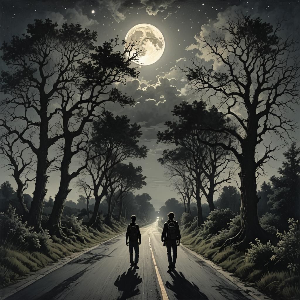 a  teen boy holding his camera and going on the theroad and having a beautiful trees and shrubs  on both side of the roa...