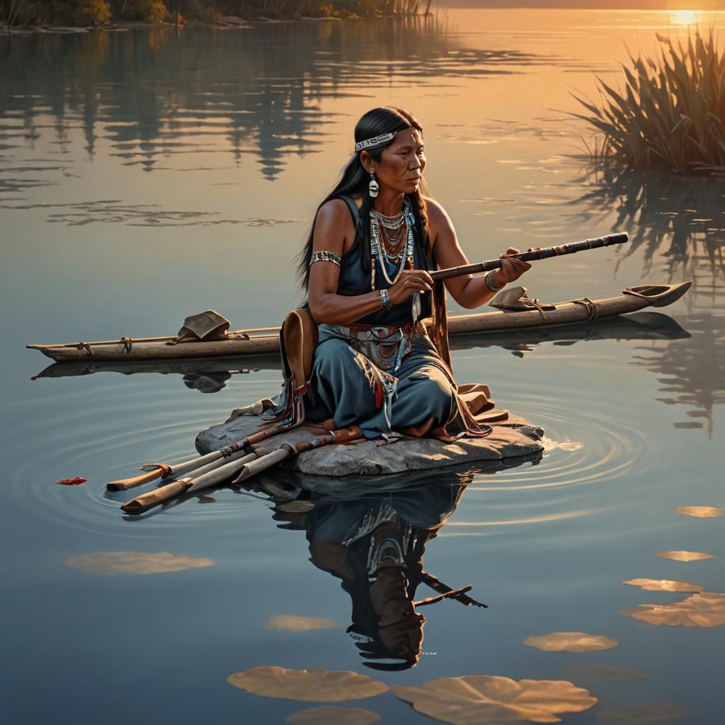 Native American Woman Playing Flute at Sunset