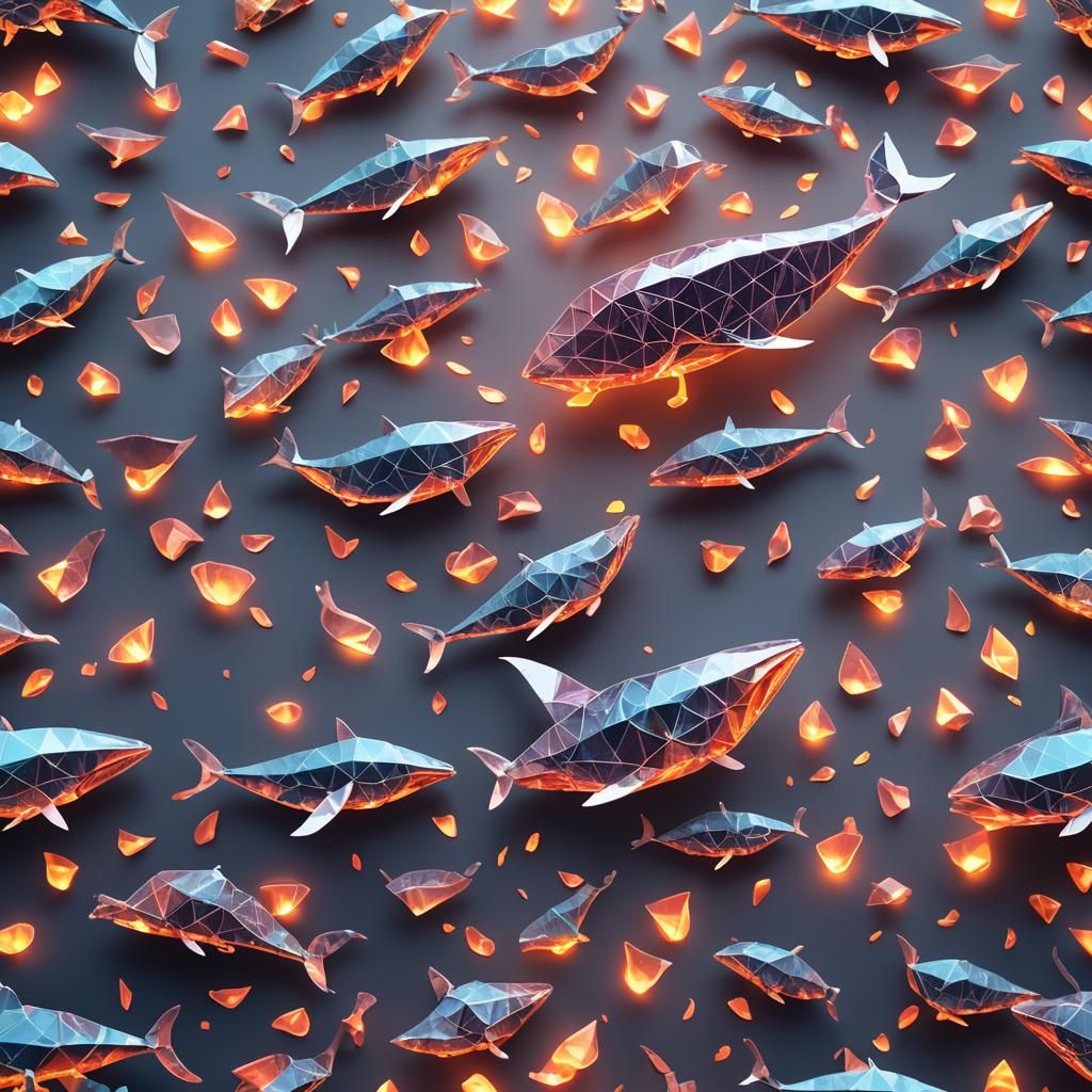 Glass Whale Glowing with Embers in Origami Style
