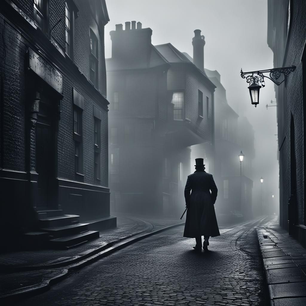 Hyperrealistic Jack the Ripper on Foggy Street