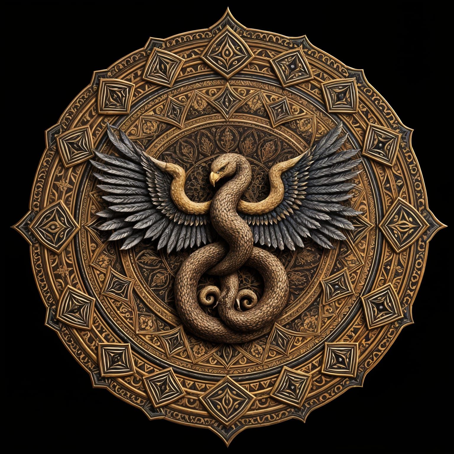 Ethereal Fantasy Mandala: Snake and Eagle Entwined in Gold a...