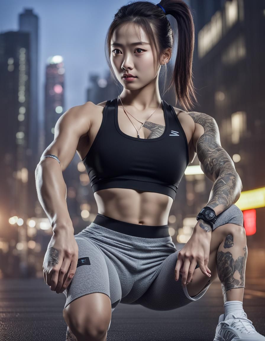 Muscular Woman in Cityscape: Realistic Digital Portrait