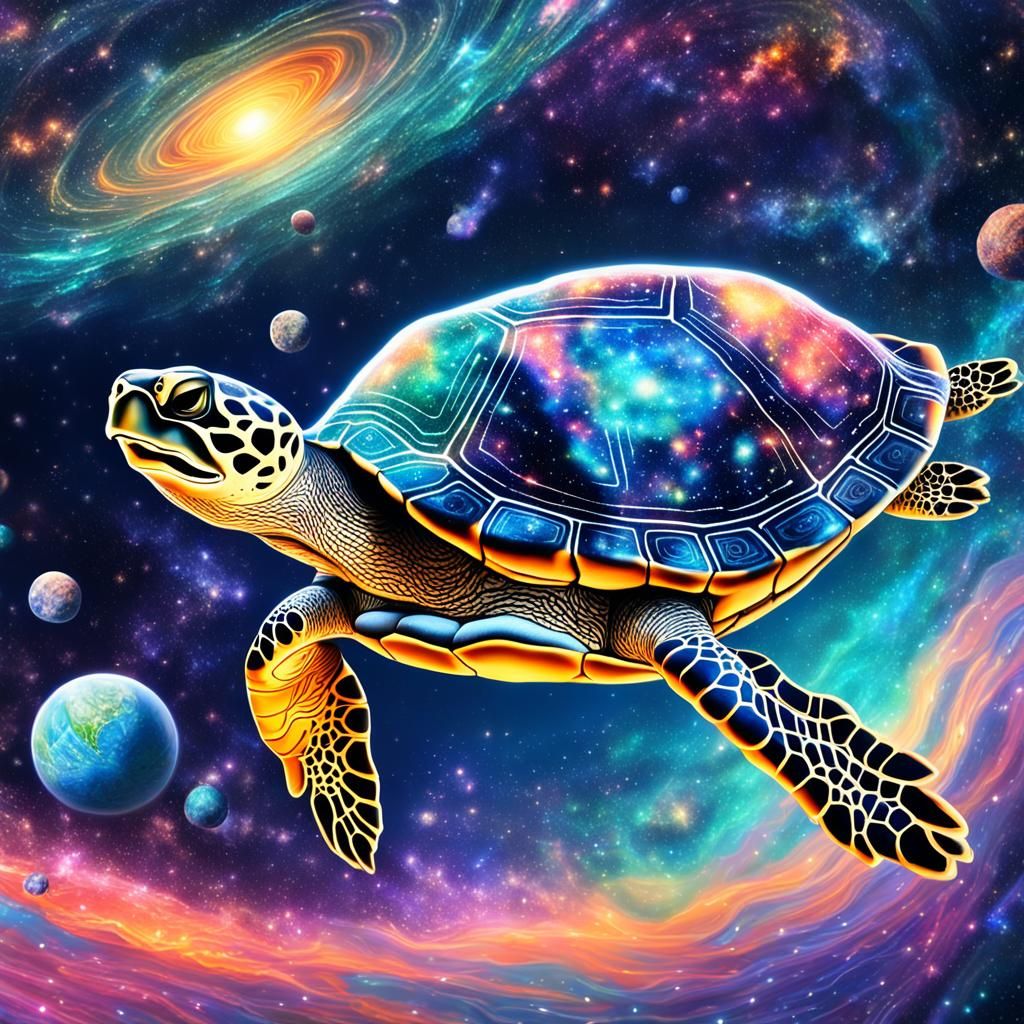 World Turtle Floating in Space, Holographic Illustration