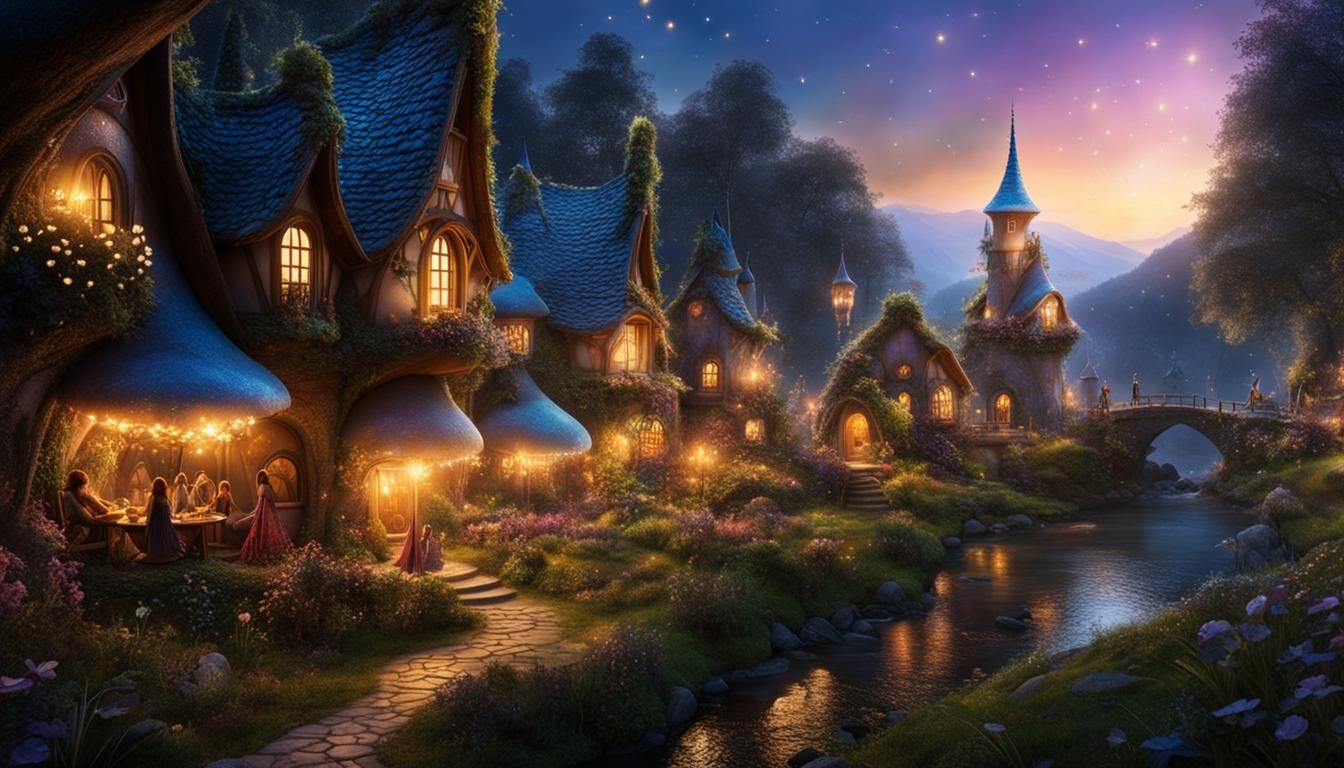 Magical Fairy Village at Dusk in Fairytale Style