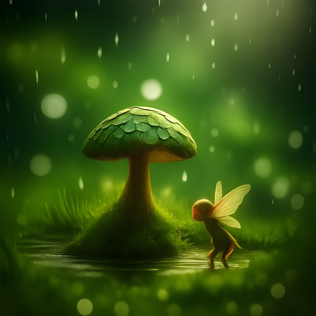 Pixie Shelters Under Toadstool During Rainy Day