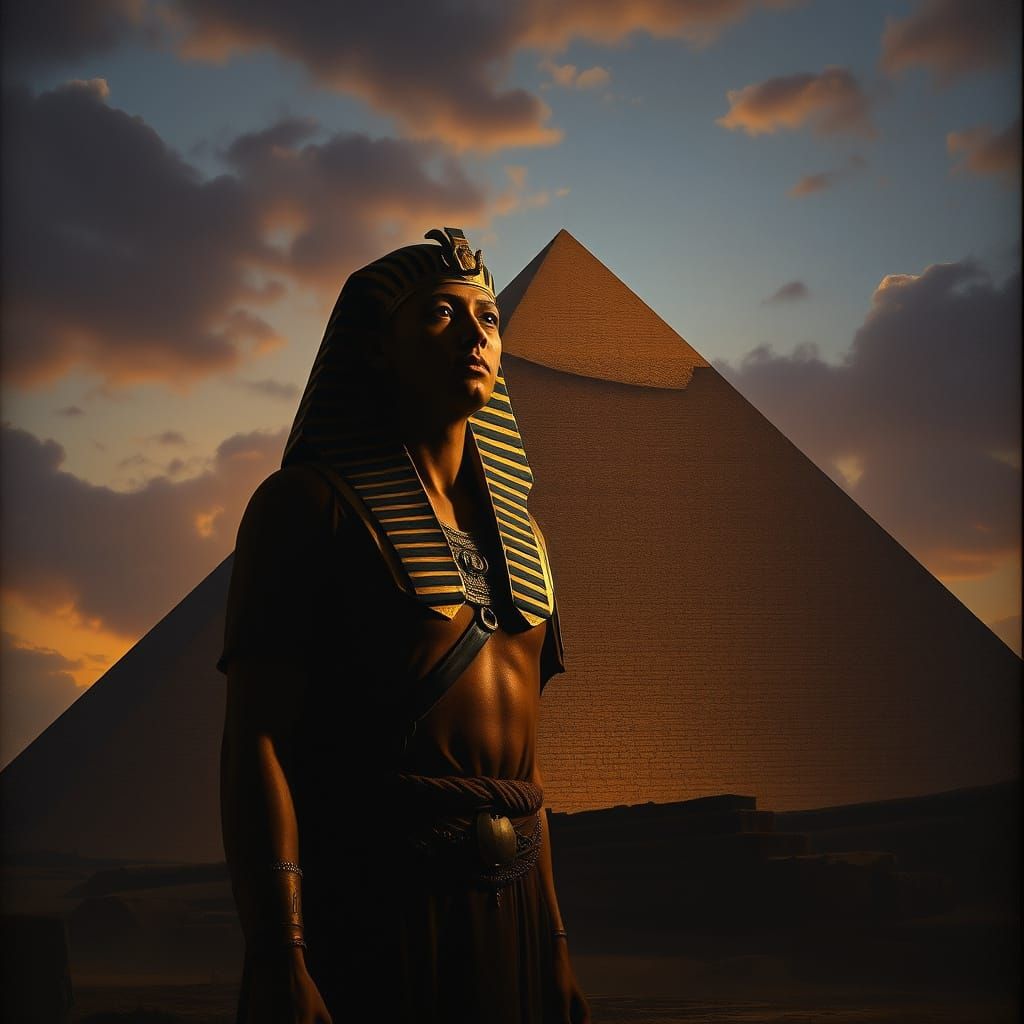 Powerful Pharaoh Before Pyramid in Twilight, Chiaroscuro Sty...