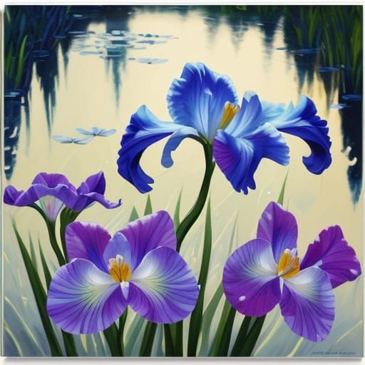 Neo-Impressionist Iris Blooms by Pond