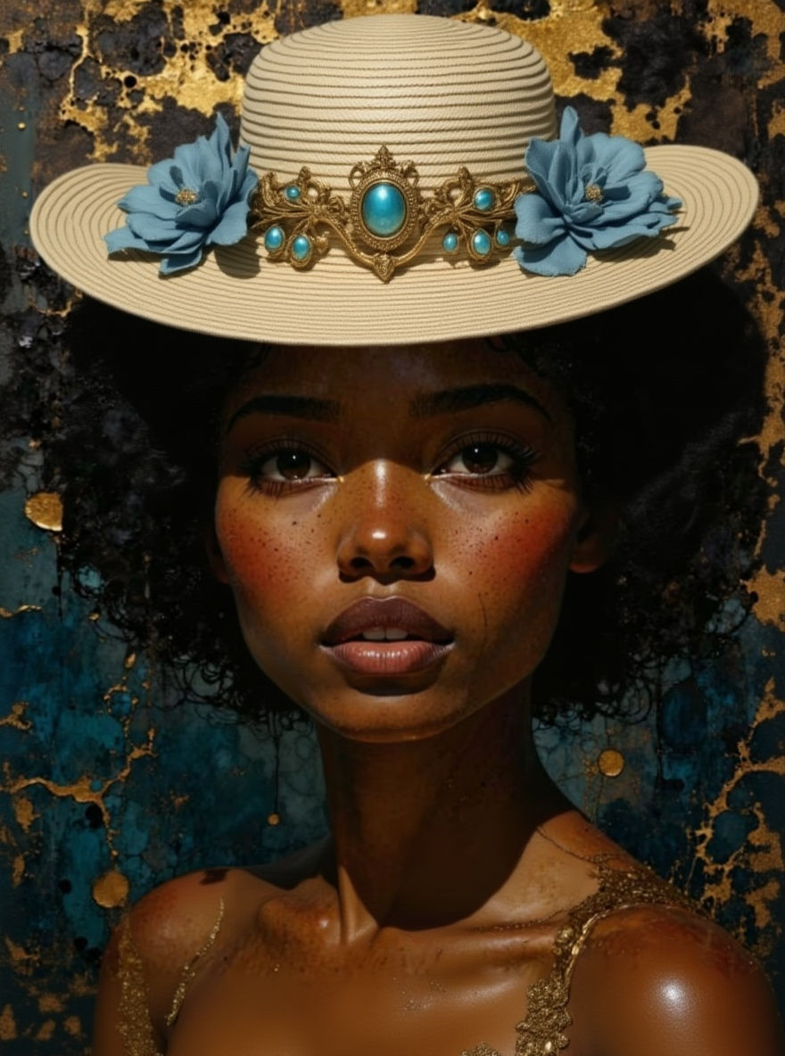 Black Woman in Ornate Clam Hat as Surrealist Oil Painting