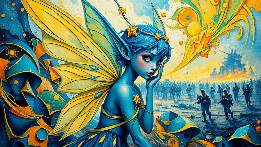 Blue and Yellow Fairy Elf in Abstract Impasto Style