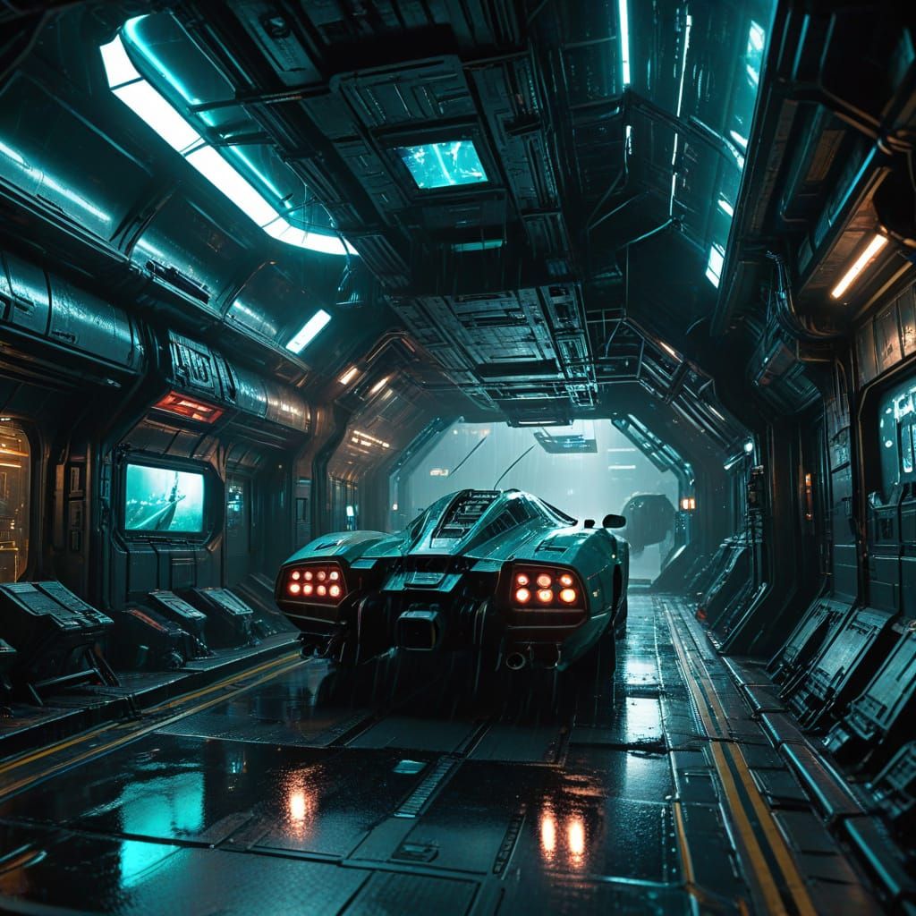 Cyberpunk Spaceship Interior with Electric Teal Accents