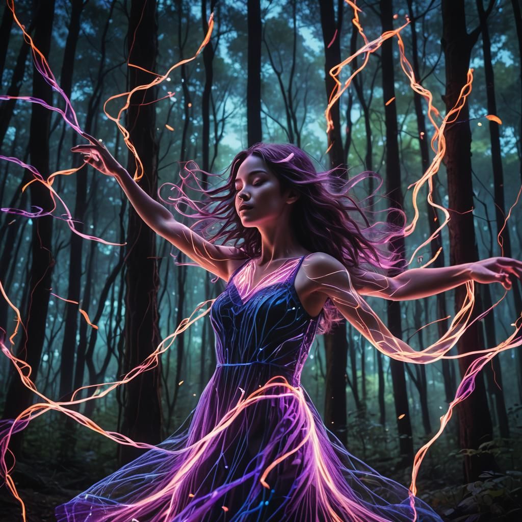 Neon Surrealism: Woman Dancing in Dark Forest