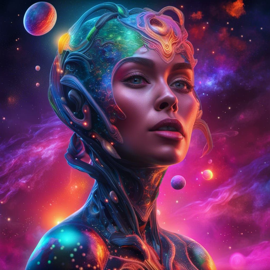 Alien Woman in Neon Space, Hyperrealistic 8k